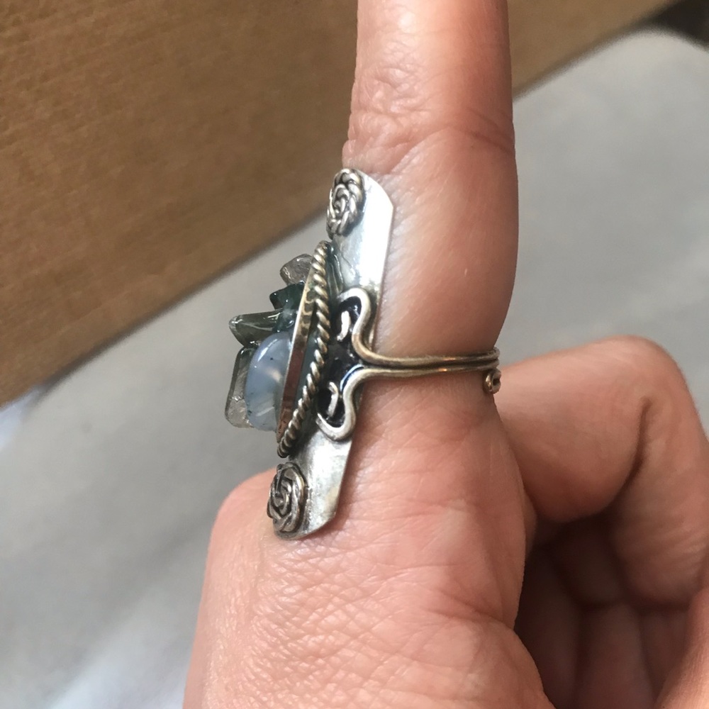 Blue Green Stone Silver Tone Adjustable Ring Boho - Picture 3 of 9